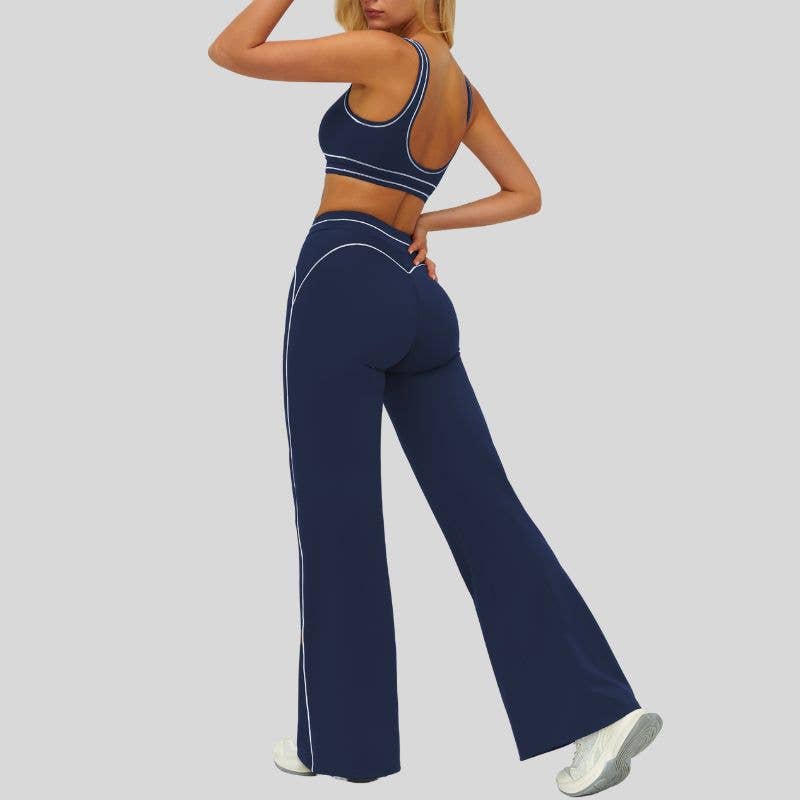 Contrasting bra with removable bra pads+High-waisted wide-leg pants 2-piece set