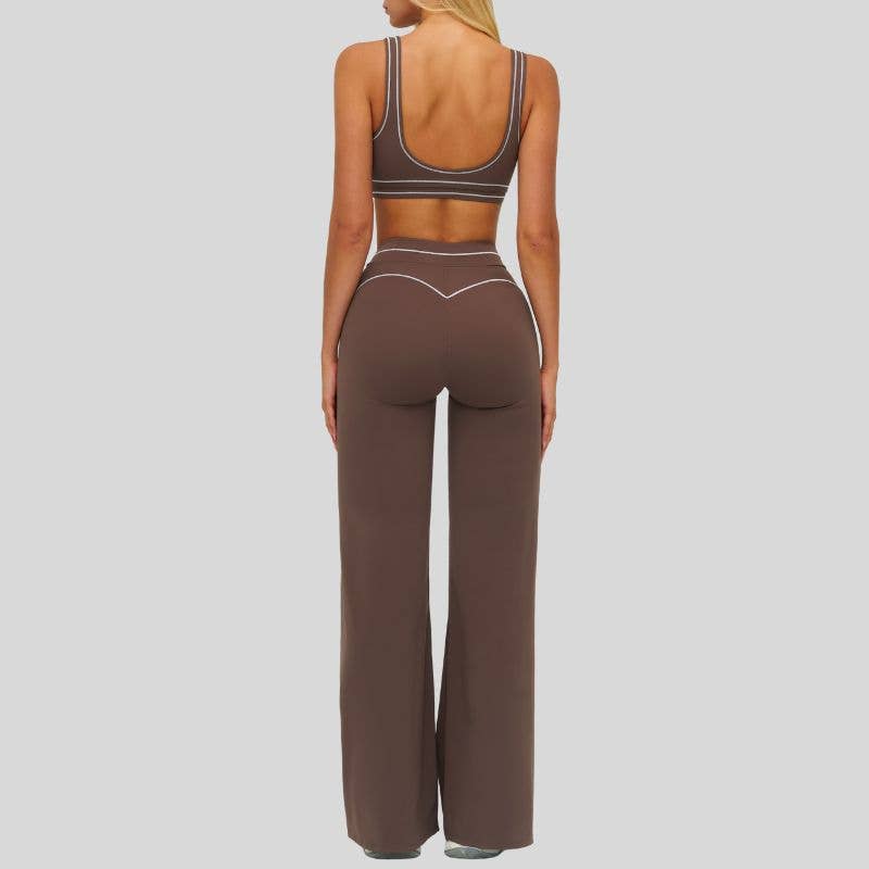 Contrasting bra with removable bra pads+High-waisted wide-leg pants 2-piece set