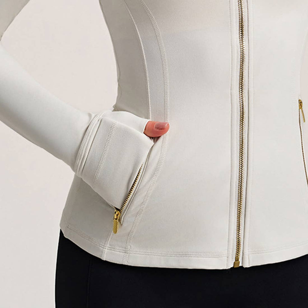 Women Stand Collar Gold Zipper Yoga Jacket Running Top