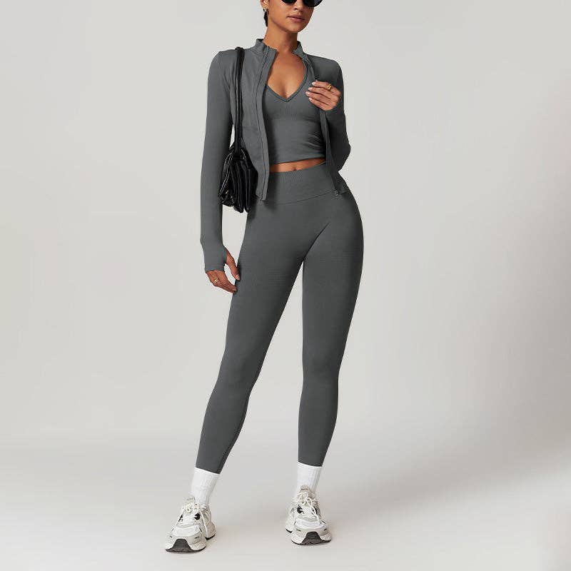 Seamless Yoga Bra + Legging + Long Sleeve Full Zipper Jacket