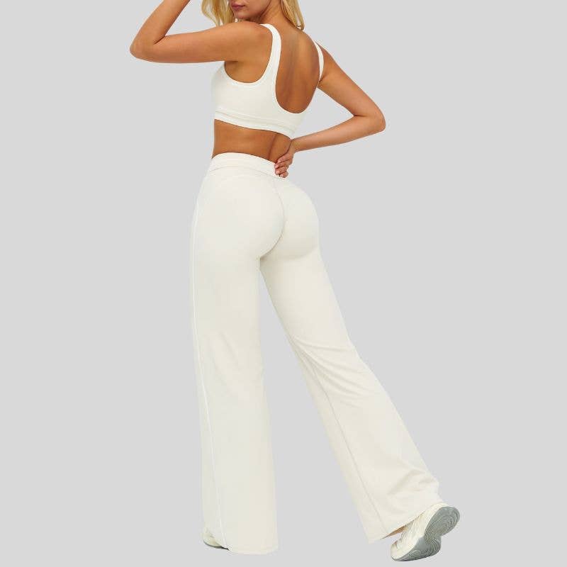 Contrasting bra with removable bra pads+High-waisted wide-leg pants 2-piece set