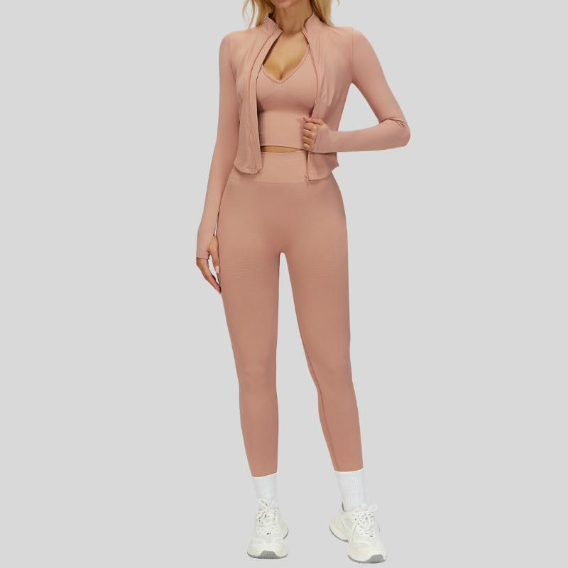 Seamless Yoga Bra + Legging + Long Sleeve Full Zipper Jacket