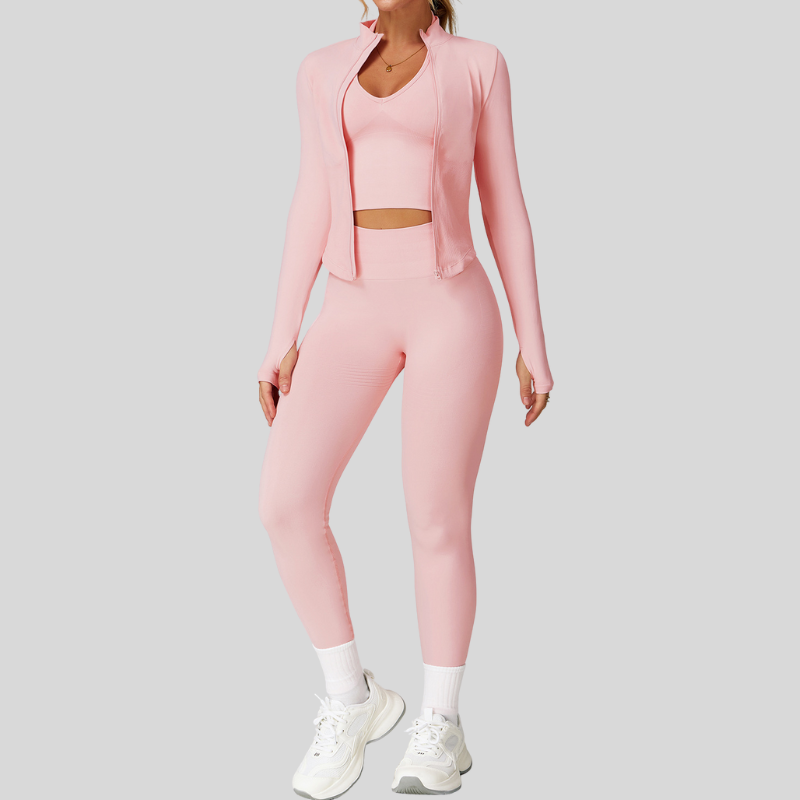 Seamless Yoga Bra + Legging + Long Sleeve Full Zipper Jacket