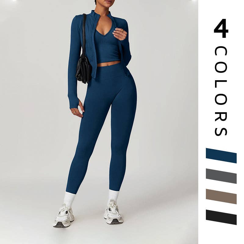 Seamless Yoga Bra + Legging + Long Sleeve Full Zipper Jacket