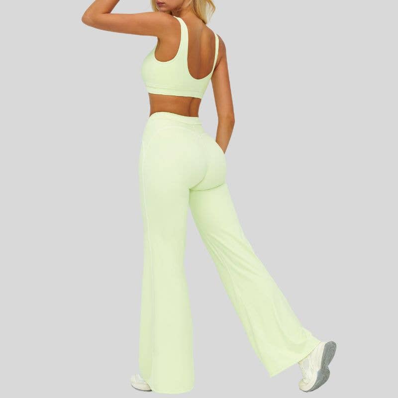 Contrasting bra with removable bra pads+High-waisted wide-leg pants 2-piece set