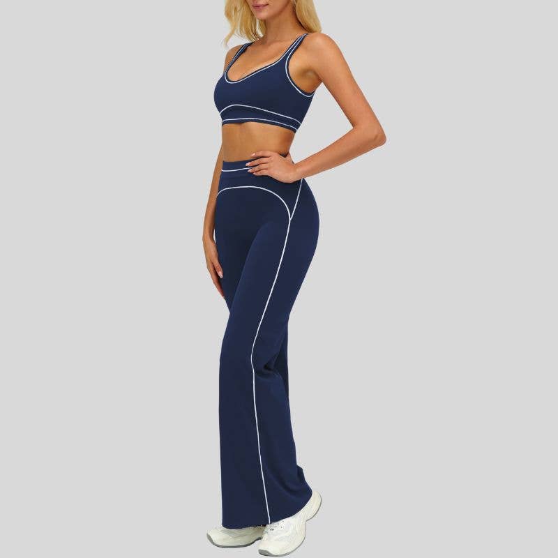 Contrasting bra with removable bra pads+High-waisted wide-leg pants 2-piece set