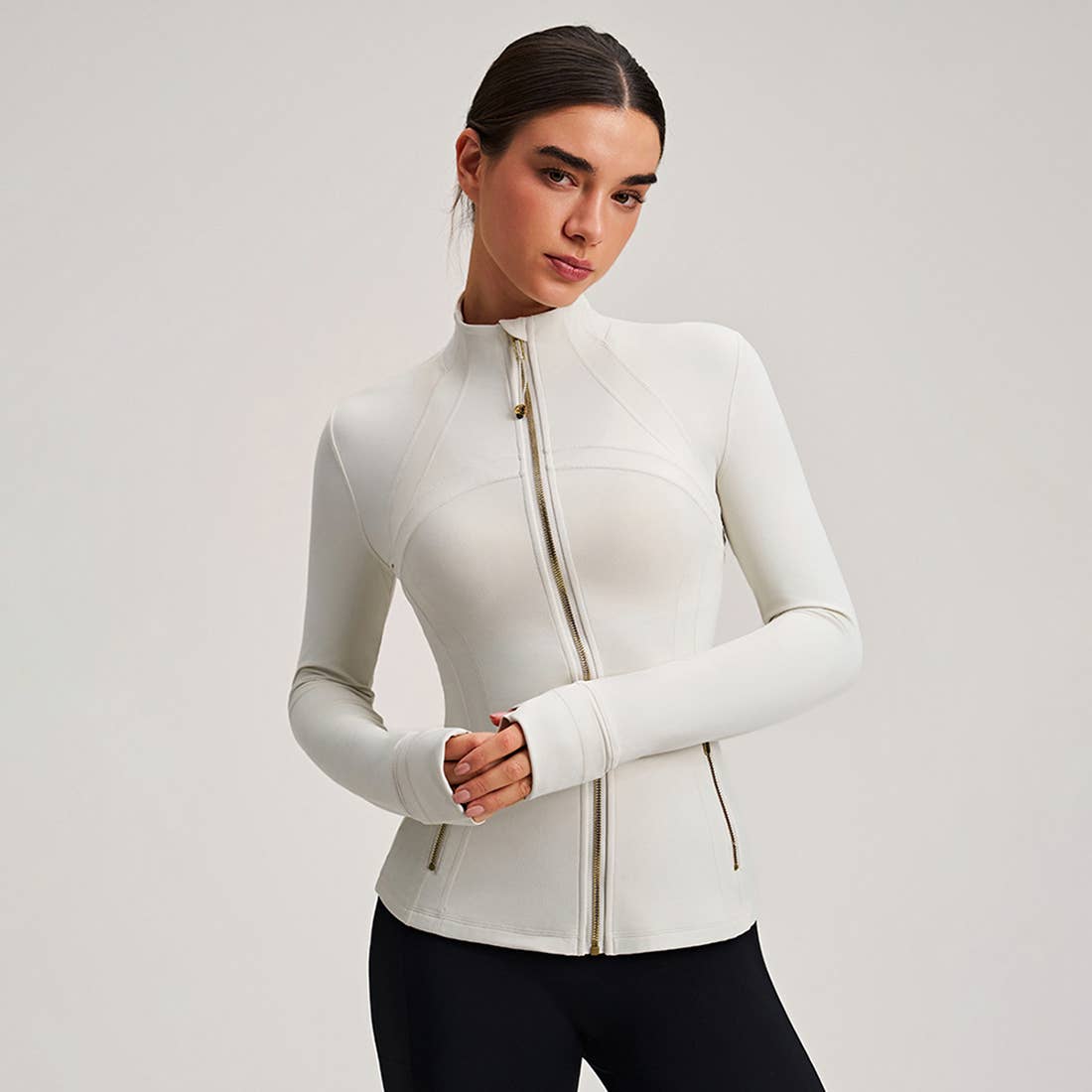 Women Stand Collar Gold Zipper Yoga Jacket Running Top