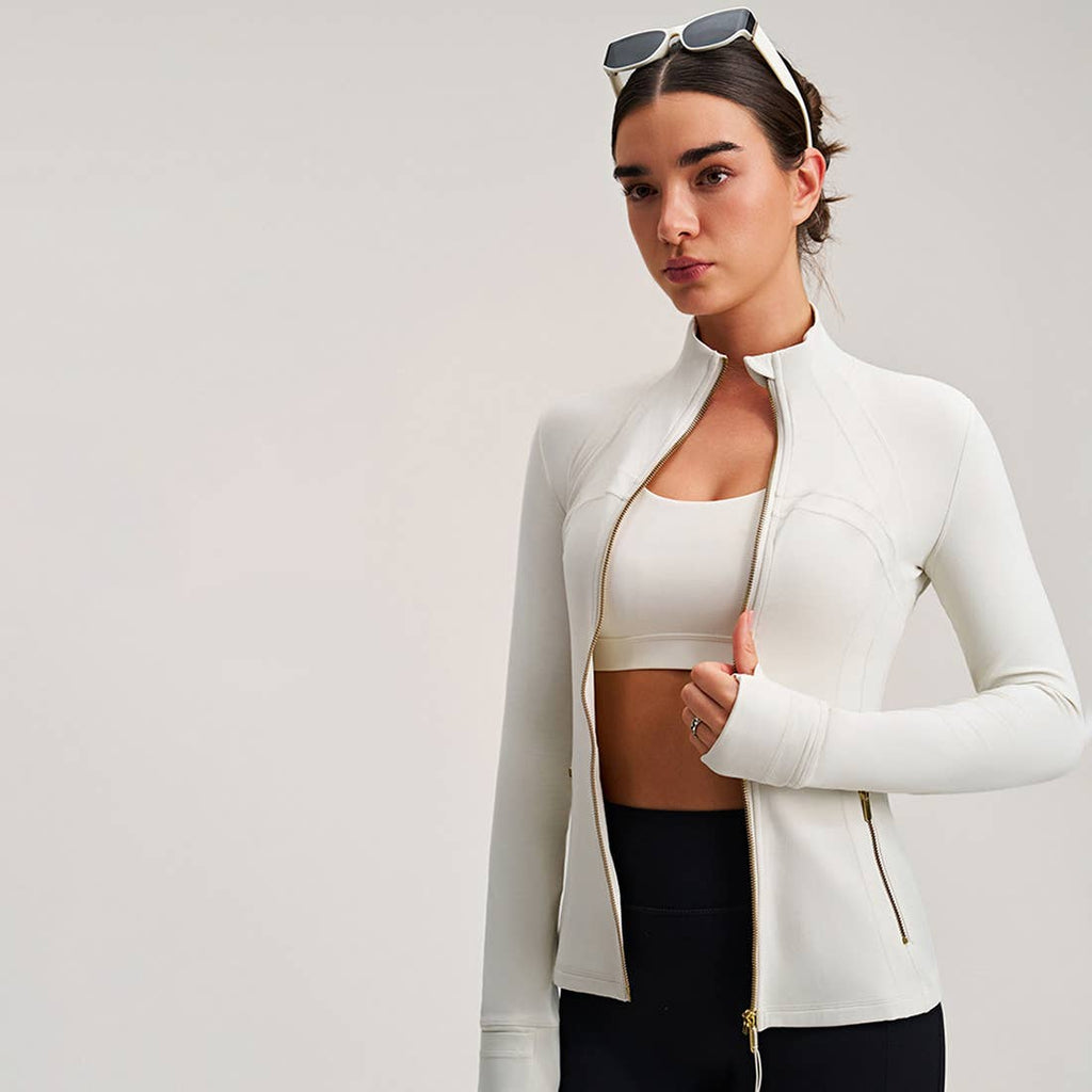 Women Stand Collar Gold Zipper Yoga Jacket Running Top