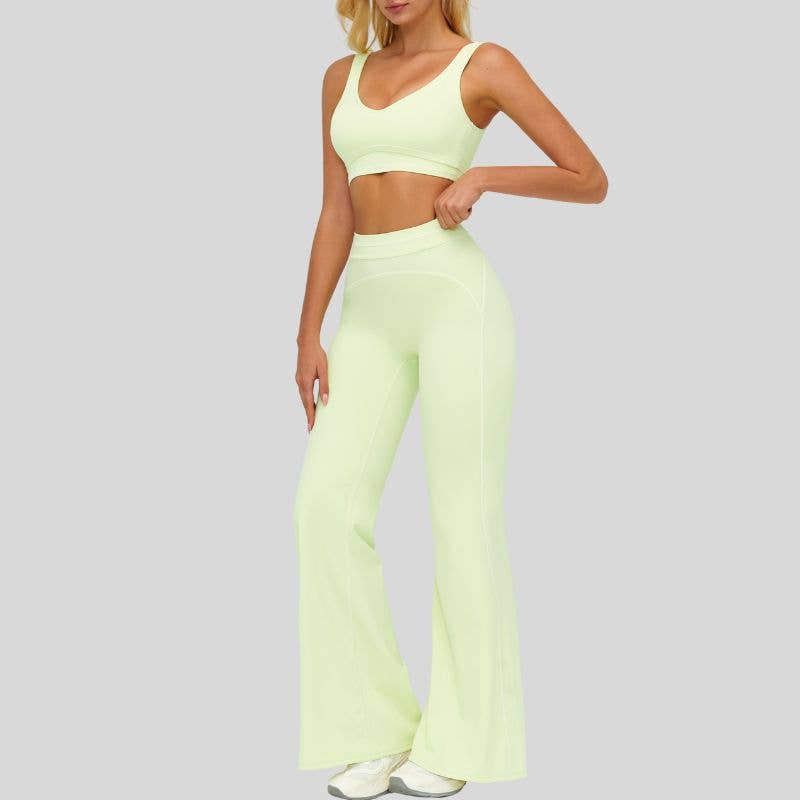Contrasting bra with removable bra pads+High-waisted wide-leg pants 2-piece set