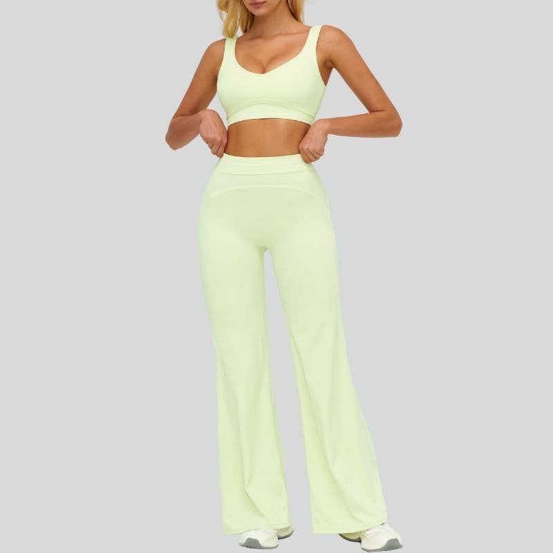Contrasting bra with removable bra pads+High-waisted wide-leg pants 2-piece set
